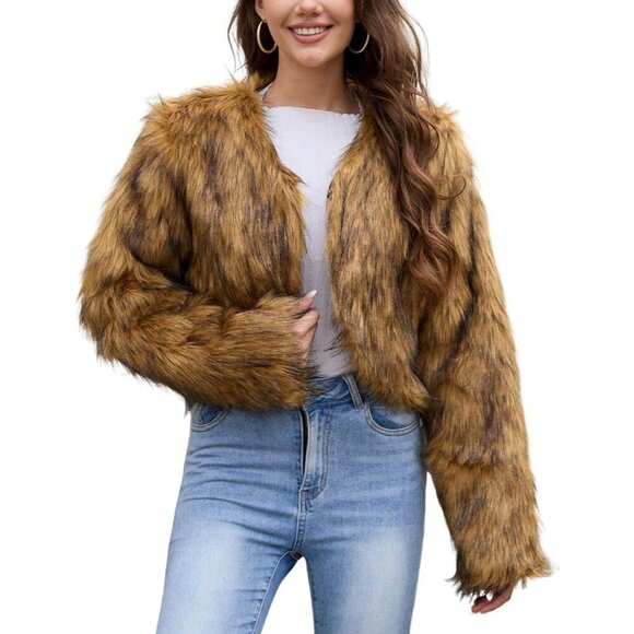 Jackets & Blazers - Women's Brown Gihuo Cropped Faux Fur Coat Open Front Fleece Winter Jacket